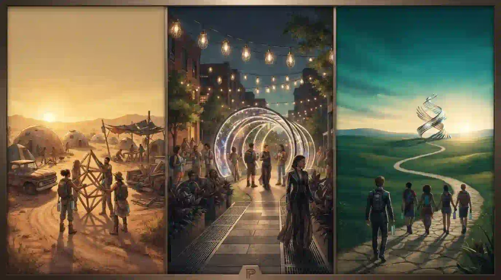 Editorial illustration showing a path from a desert art build to a city Burner gathering and future events.