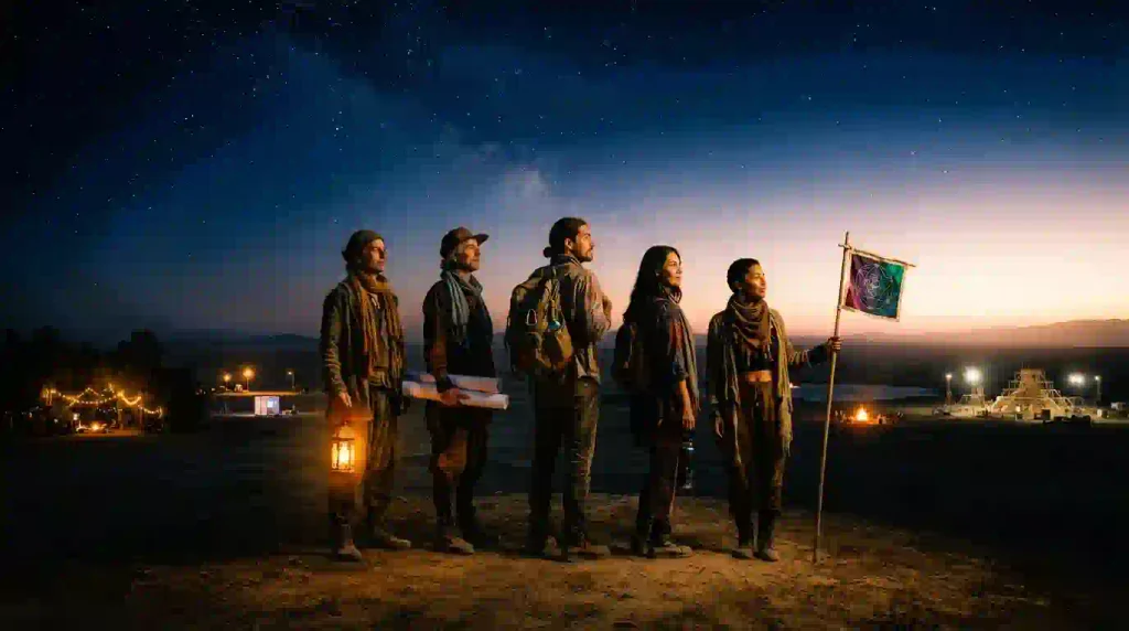 Burner community members look toward distant lights representing upcoming regional events, art projects and future gatherings