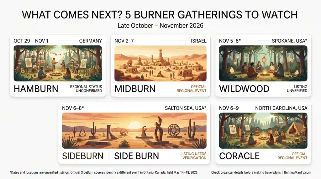 Infographic highlighting upcoming Burner gatherings in late 2026, including Hamburn, Midburn, Wildwood, Side Burn, and Coracle, with dates, locations, and event-status labels.