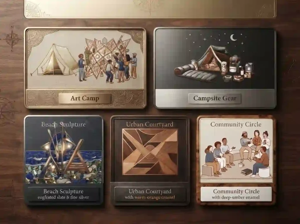 Five illustrated cards representing multi-day participation, camping, beach art, city Decompression and a public gathering.