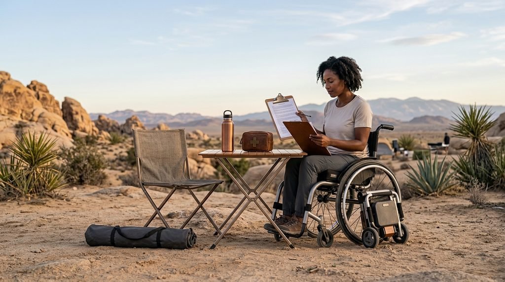 Accessible travel planning illustration for YOUtopia 2026, showing a wheelchair user reviewing an accessibility support form beside desert camping gear and a support checklist.