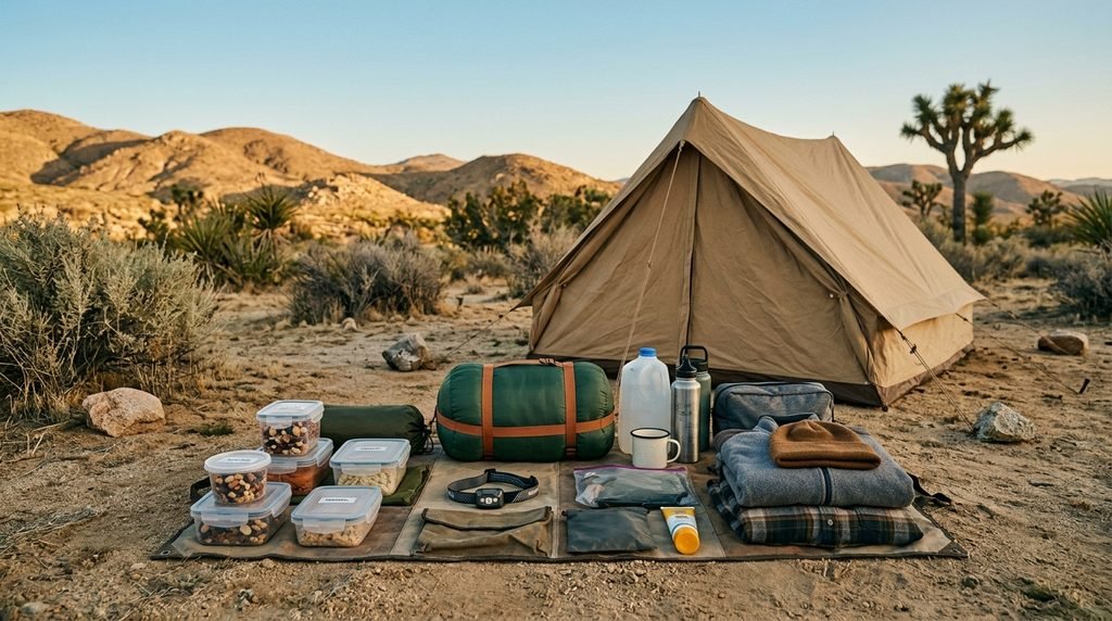 Organized water, food-storage, clothing, and camping supplies for planning a YOUtopia 2026 trip