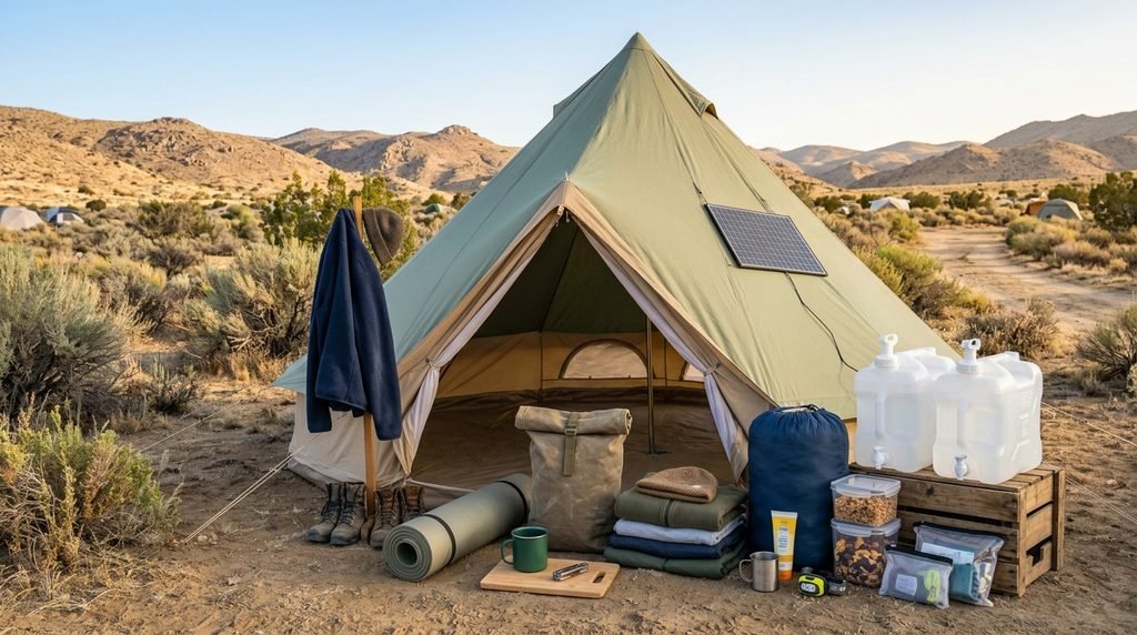 Tent, water containers, warm sleeping gear, and practical supplies for YOUtopia 2026 camping preparation