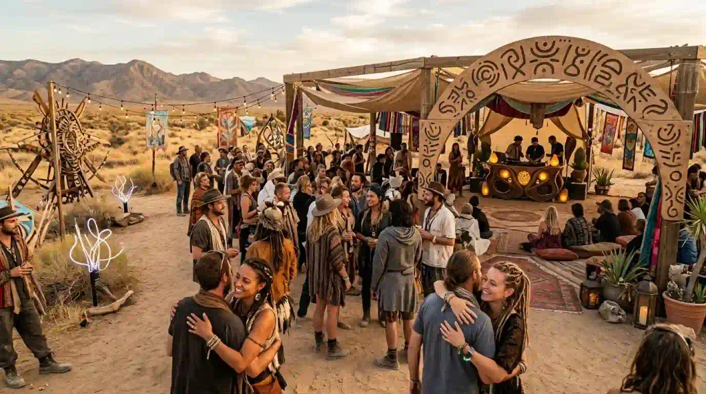 Illustrative scene of participants gathering for the YOUtopia 2026 opening ceremony at Center Camp on October 14, with warm evening light and a welcoming community atmosphere.
