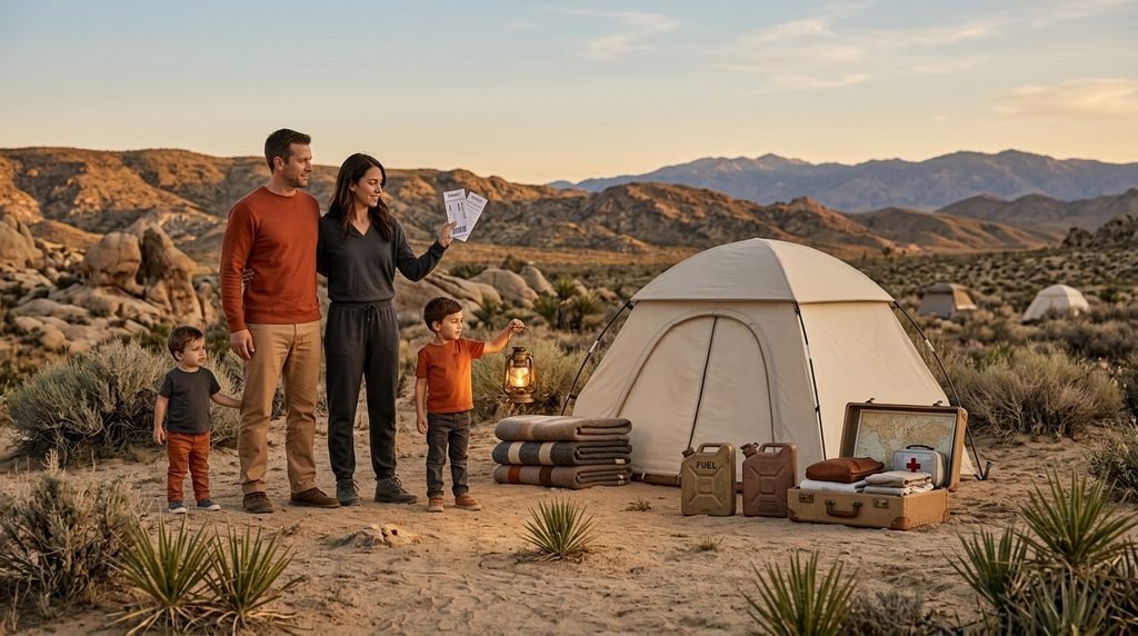 Illustration of a family with children preparing for YOUtopia 2026, showing camping gear, water containers, and family check-in documents for a Burning Man Regional Event.