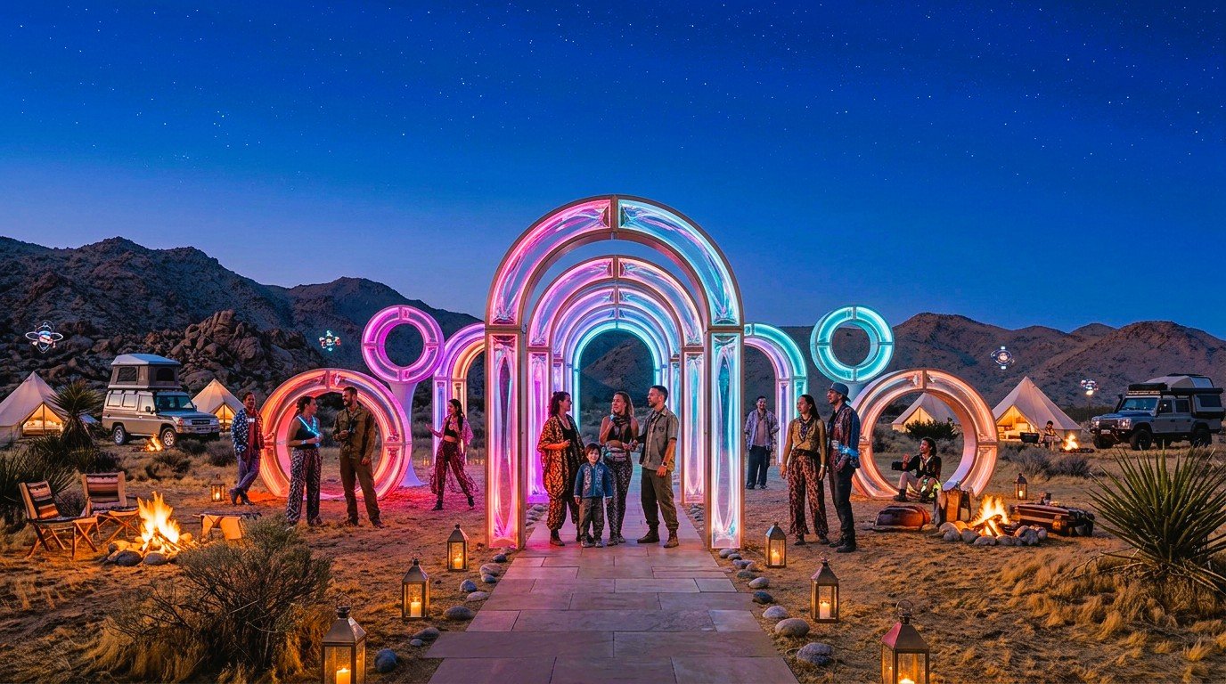 Illustrative luminous art gathering inspired by YOUtopia 2026's Luminous Playground theme in the Southern California high desert