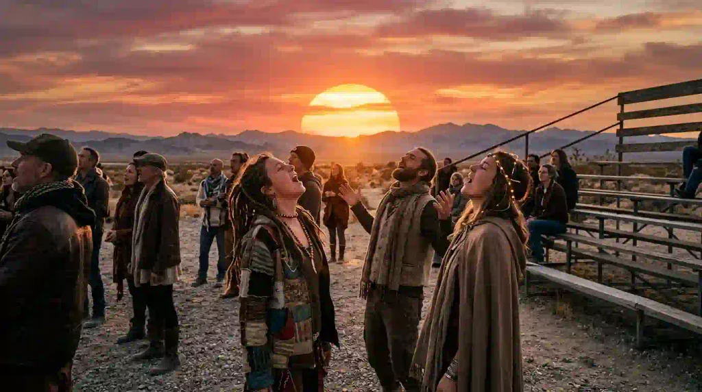 Illustrative group of participants gathering outdoors at sunset in a desert community setting.