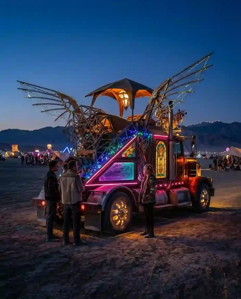 Illustrative illuminated art car with imaginative sculptural details at a desert arts gathering after dark.