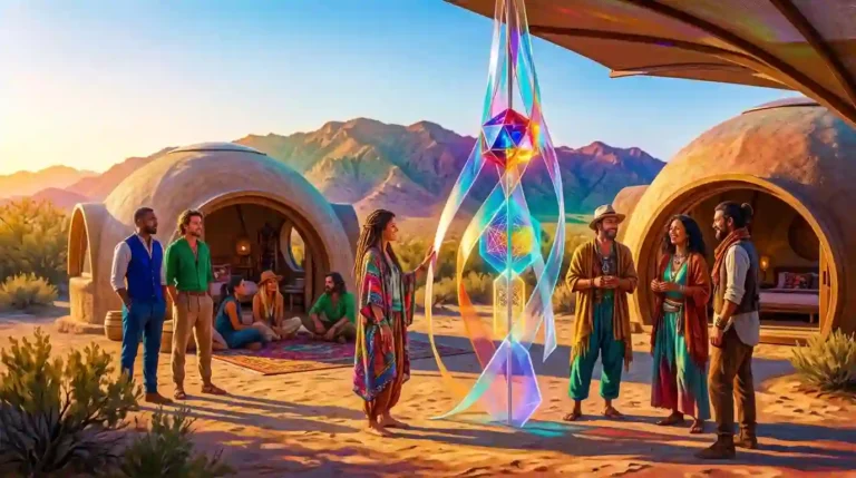 Editorial illustration of a small desert arts gathering beneath shade structures and luminous ribbons.