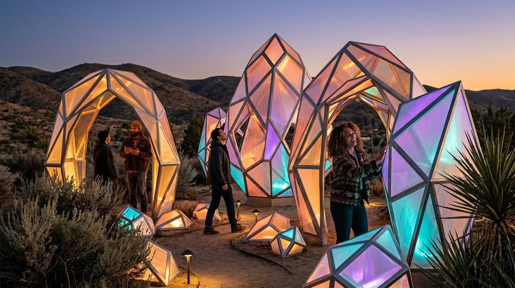 Illustrative luminous art gathering inspired by YOUtopia 2026's Luminous Playground theme being explored by participants in the Southern California high desert