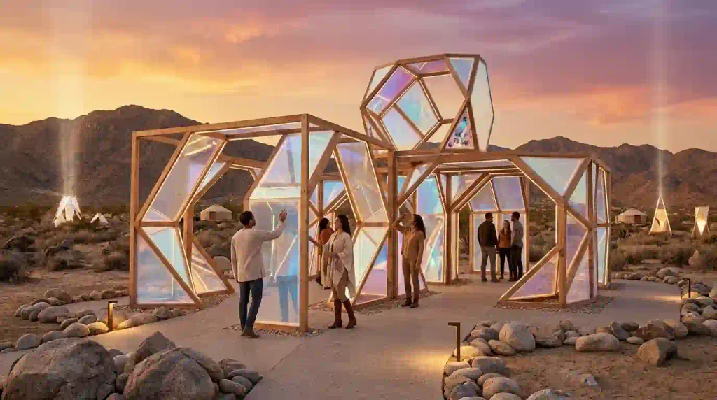 Illustrative high-desert art gathering inspired by YOUtopia’s Luminous Playground theme near Jacumba, California.