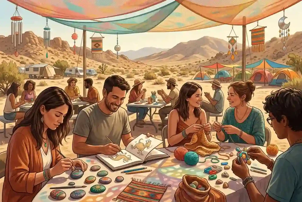 Illustration of participants painting stones, drawing and crocheting beneath shade cloth in a rocky desert setting.