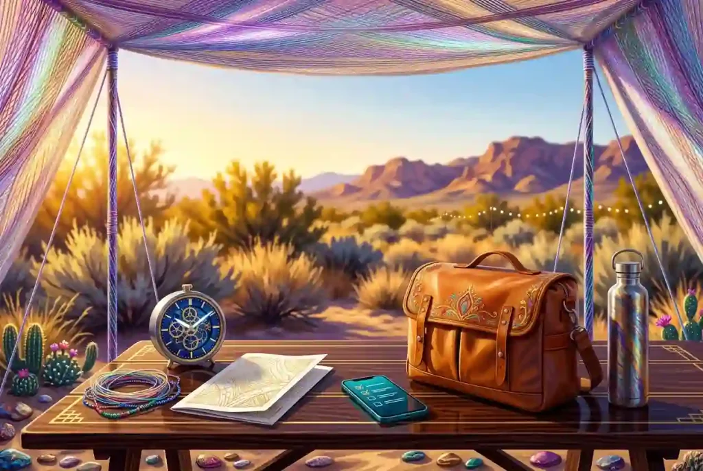 Event programmed, clock, checklist and packed bag illustrating schedule and departure planning.