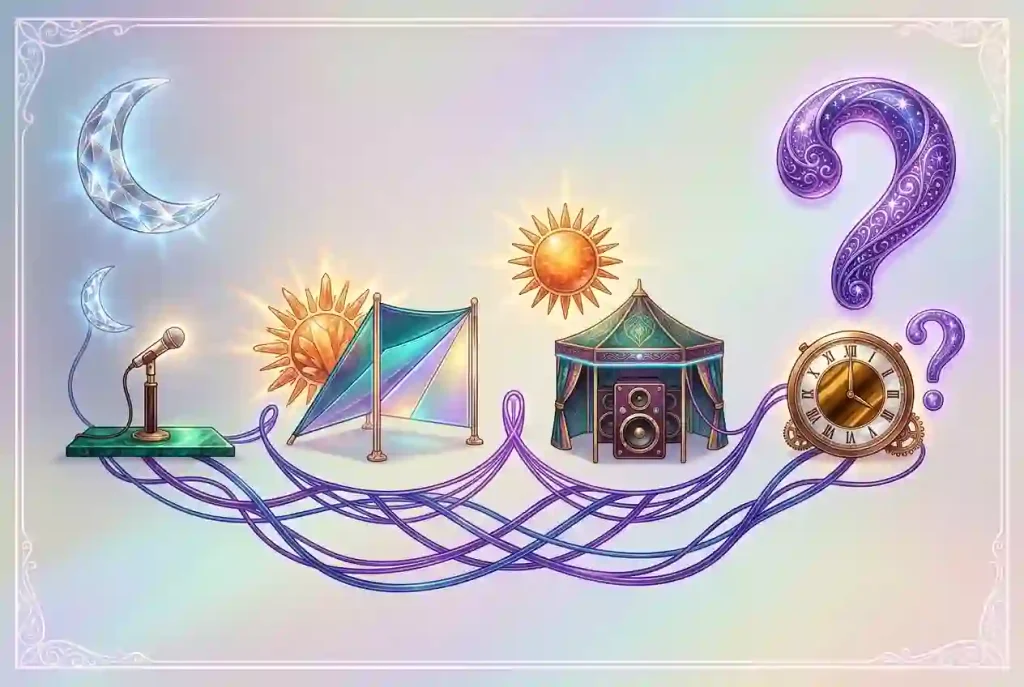 Day-to-evening illustration representing music, wellness and checking event times.