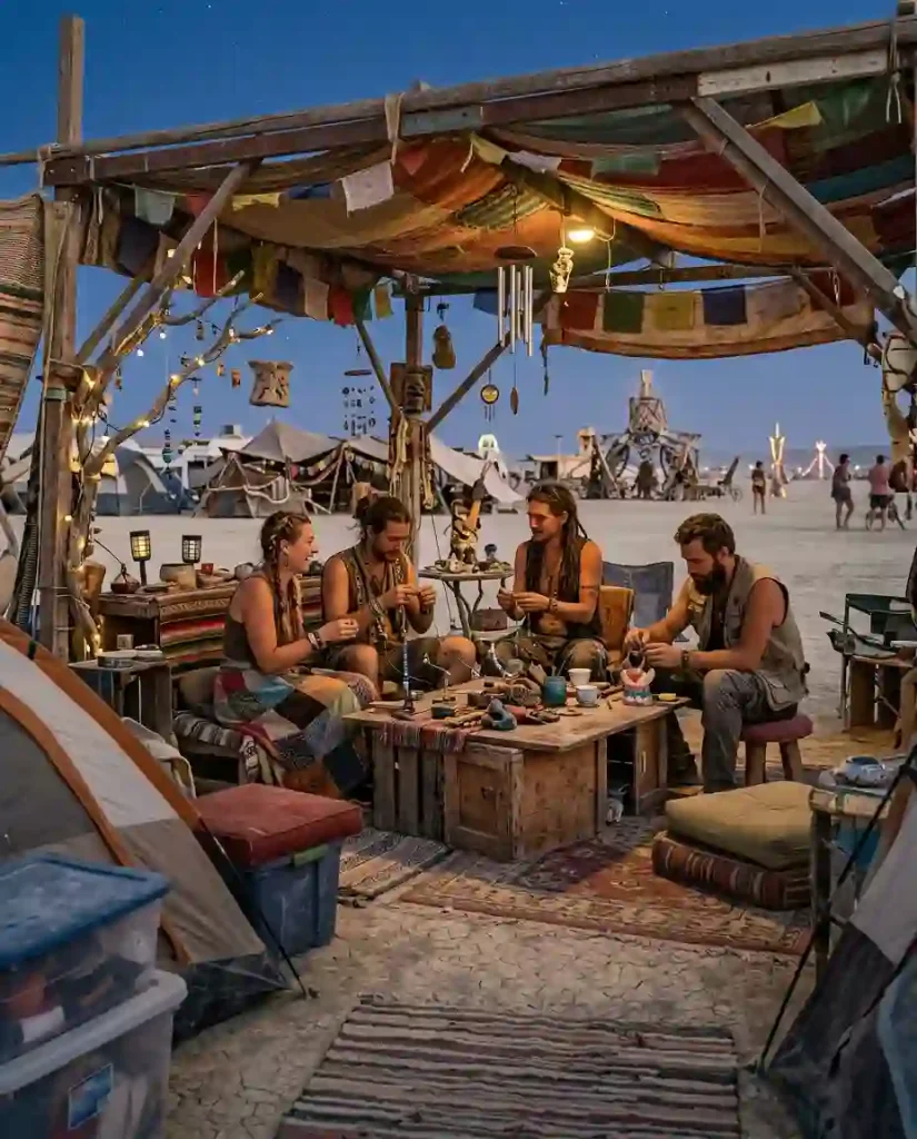 Illustrative participant-created theme camp with handmade decorations and a welcoming outdoor gathering space.