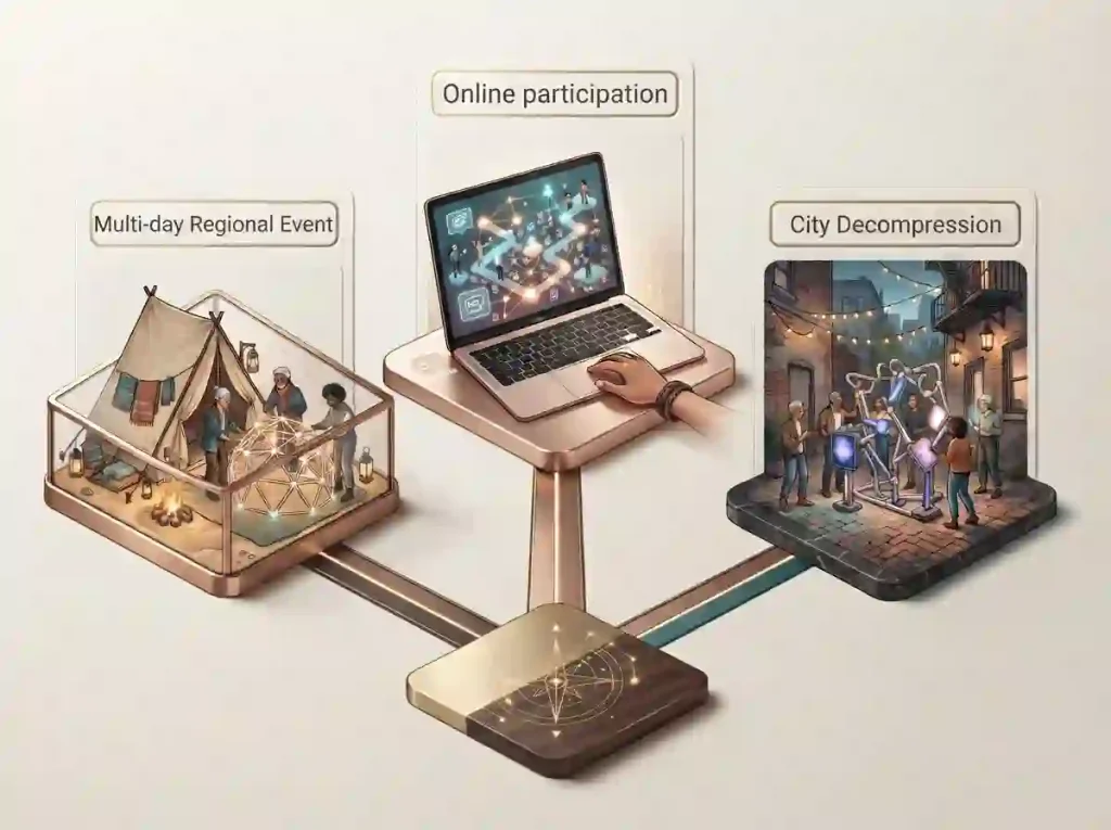  Three illustrated pathways leading toward a campsite, an online creative space and a city arts gathering.