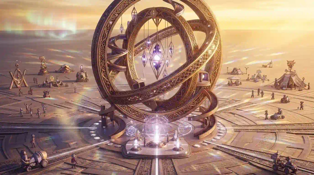 Conceptual digital playa with monumental geometric art, inspired by BURN2 Octoburn’s Axis Mundi virtual event, October 16–25, 2026.