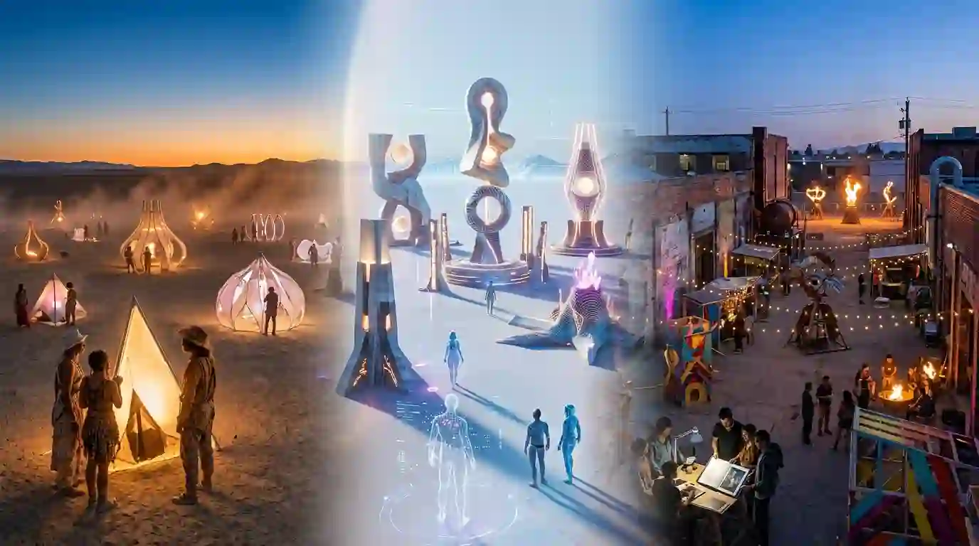 Editorial illustration representing October 16–18, 2026 Burner events, including desert art, BURN2’s virtual playa and urban Decompression gatherings.