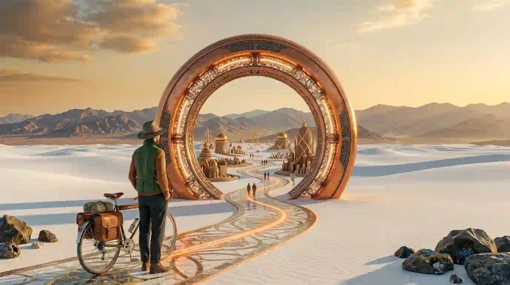 Surreal editorial illustration of a monumental burnt-orange art portal rising above a white desert landscape with a Burner and touring bicycle in the foreground.