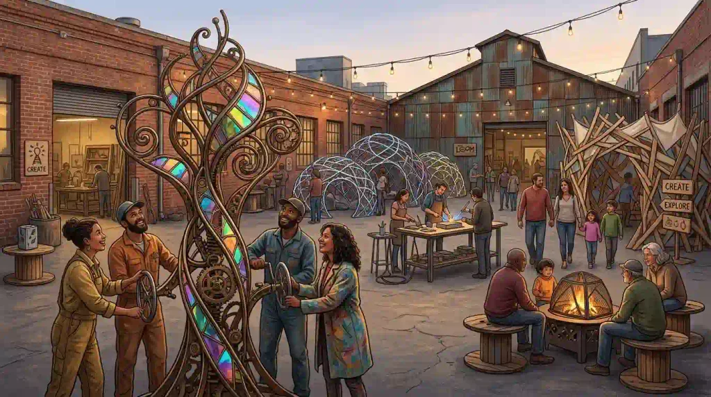 Editorial illustration of an industrial arts courtyard with participatory sculptures, inspired by Oakland Decompression 2026.