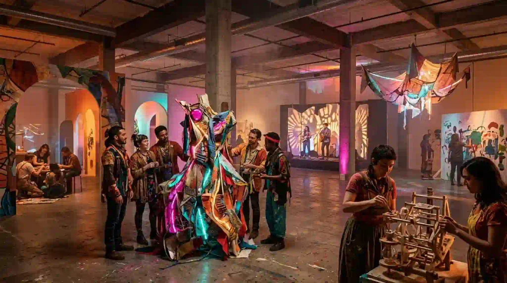 Editorial illustration of immersive handmade art and colorful performance lighting inspired by SeaCompression 2026 in Seattle.
