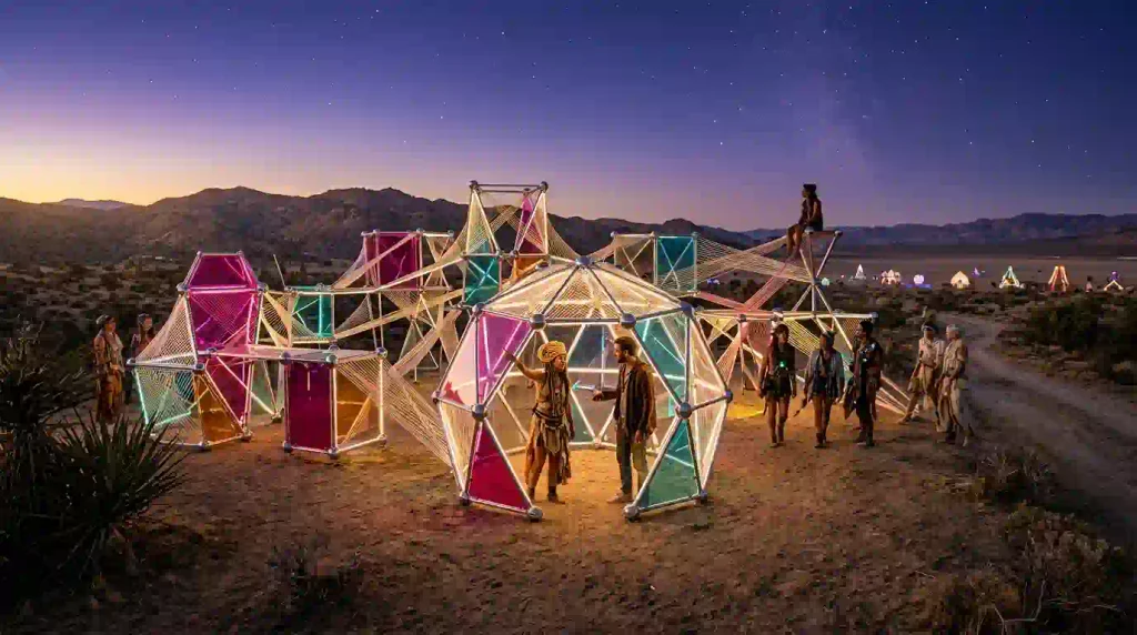 Editorial illustration of luminous participatory art in a Southern California desert, inspired by YOUtopia 2026’s Luminous Playground theme.