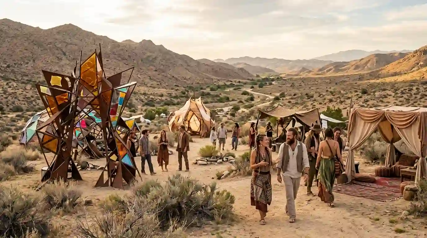 Illustrative scene of a desert art gathering with imaginative sculptures and participants in California's high desert.