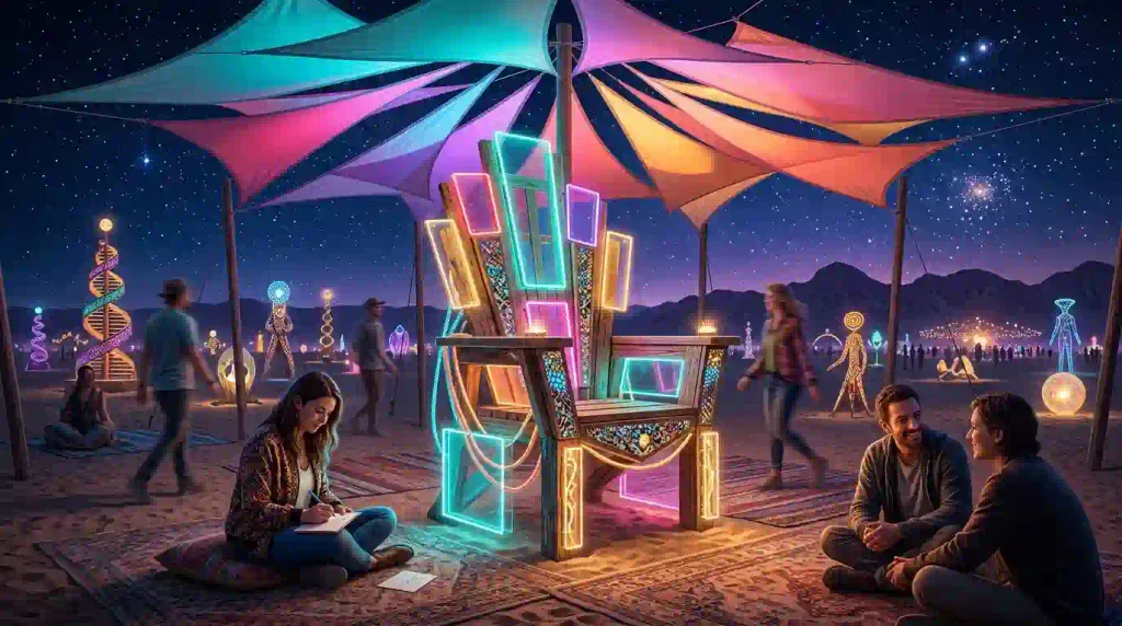 A quiet empty chair beneath a desert shade structure with soft lantern light