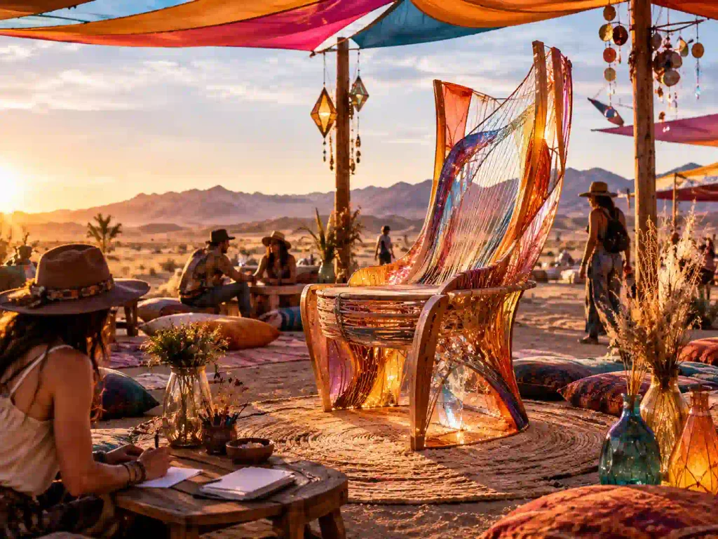 Conceptual illustration of a quiet listening space with an unoccupied chair and participants sharing a reflective moment at a high-desert gathering.