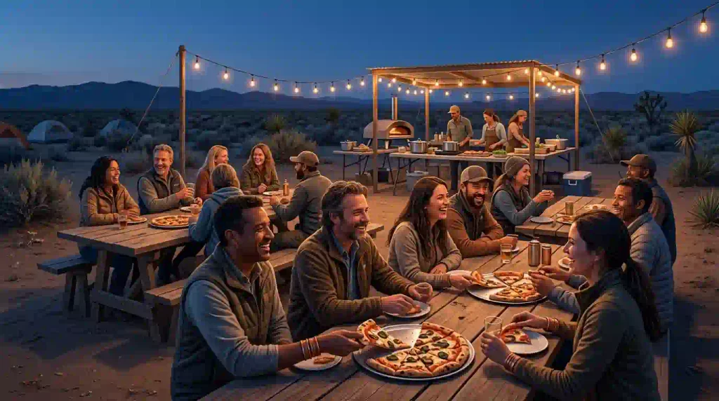 Illustrative communal pizza gathering with participants sharing food at an outdoor high-desert camp.