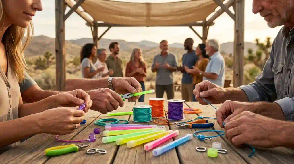 Illustrative hands-on craft activity showing colorful glowstick poi materials at a desert community workshop.