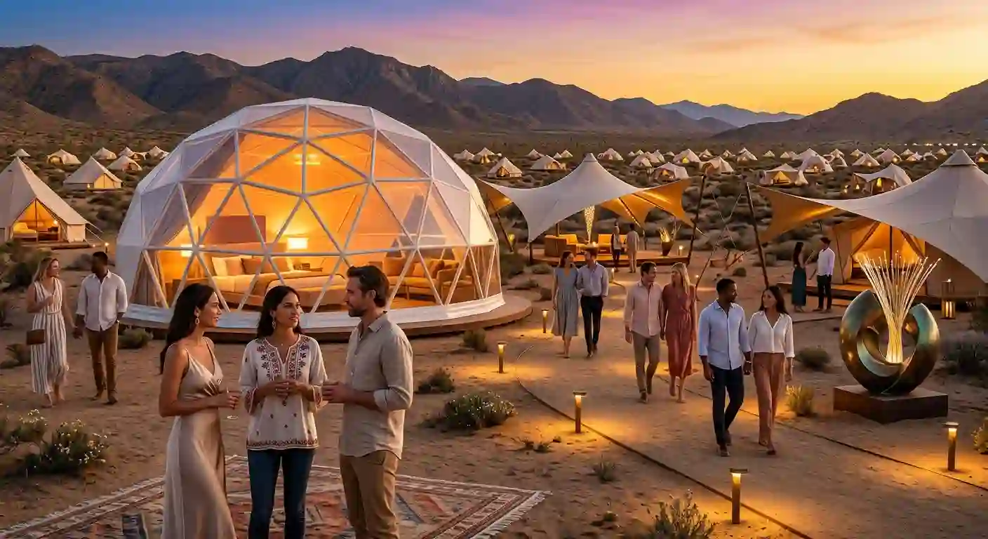 Illustrated desert arts gathering at sunset with glowing tents, art and participants