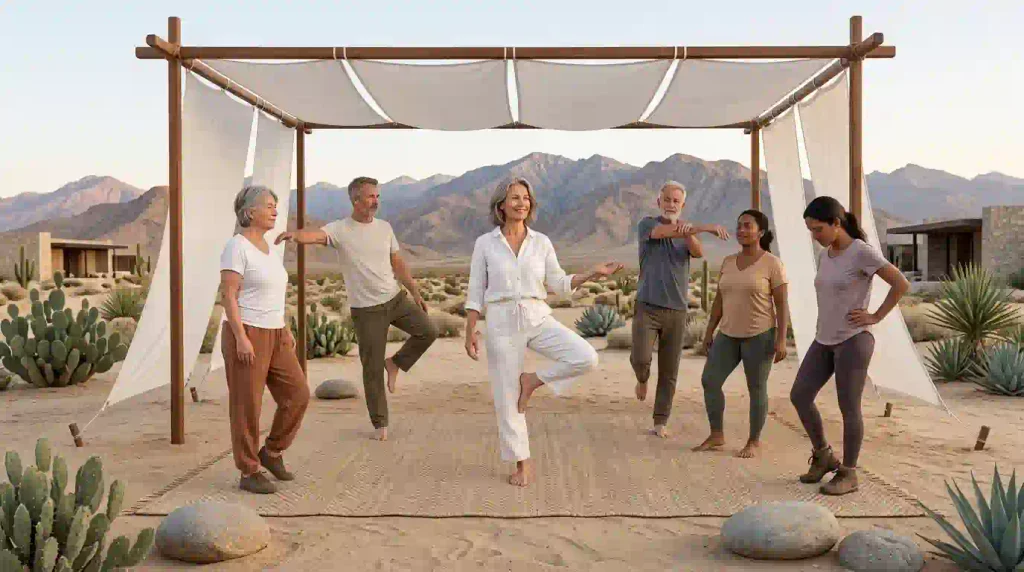 Illustrative morning movement and mindfulness workshop in a Southern California high-desert community setting.