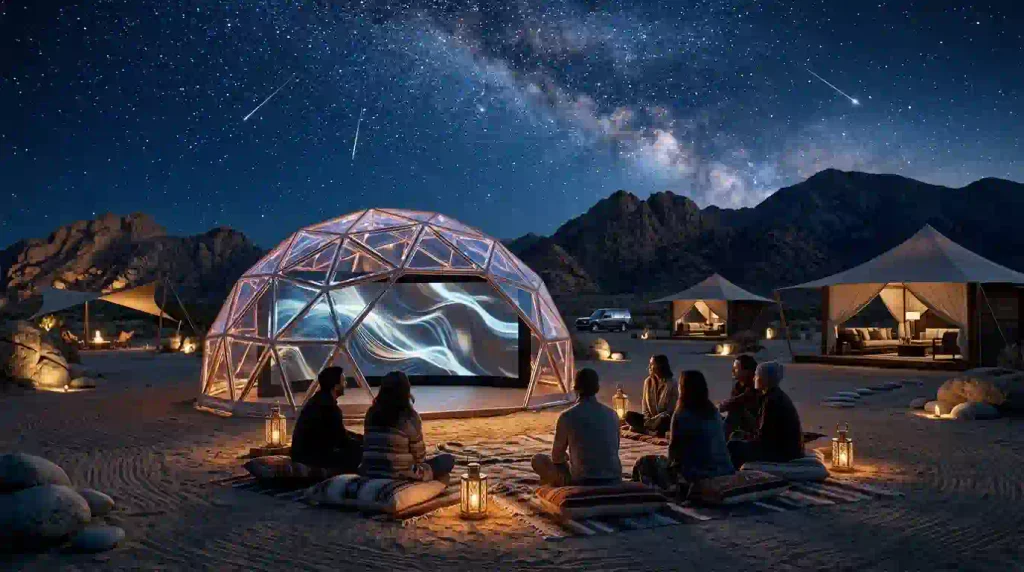 Illustrative glowing outdoor movie dome and a small community gathering beneath the high-desert night sky.